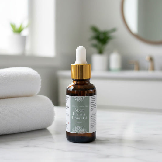 Frasco de aceite íntimo de lujo Bloom sobre el mostrador de un baño con toallas y plantas al fondo — NaturElle Puerto Rico