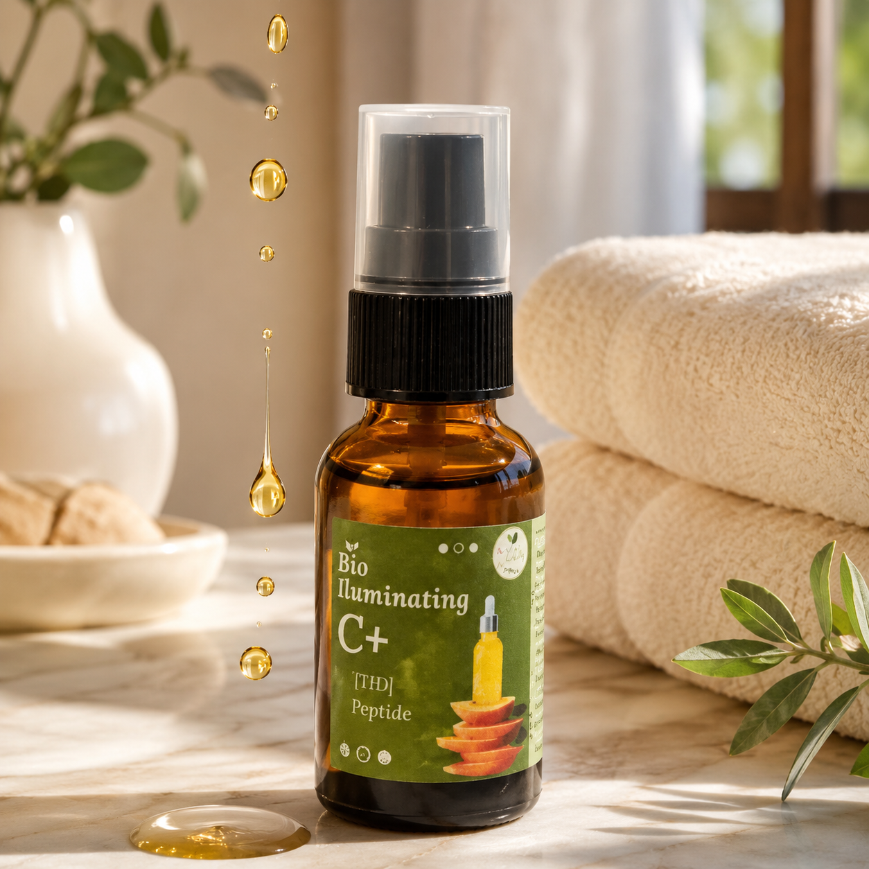 Bio Illuminating C+ Peptide Spray in an amber glass bottle with a black spray pump and green label, set on a marble surface with decorative towels, olive branches, and a dripping gold oil effect.