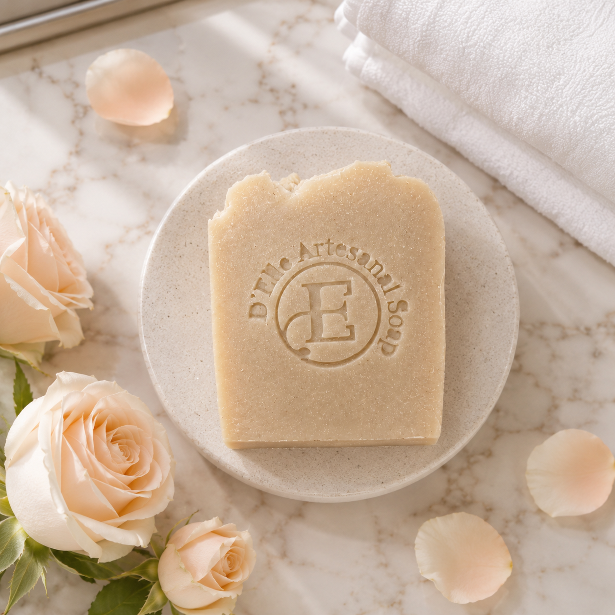 Una pastilla rectangular de jabón natural con el relieve «D'Elle Artesanal Soap» y un logotipo de monograma, presentada sobre un pequeño plato moteado. La escena está decorada con rosas de color melocotón pálido, pétalos esparcidos y una toalla blanca doblada, todo ello sobre una superficie de mármol blanco — NaturElle Puerto Rico.