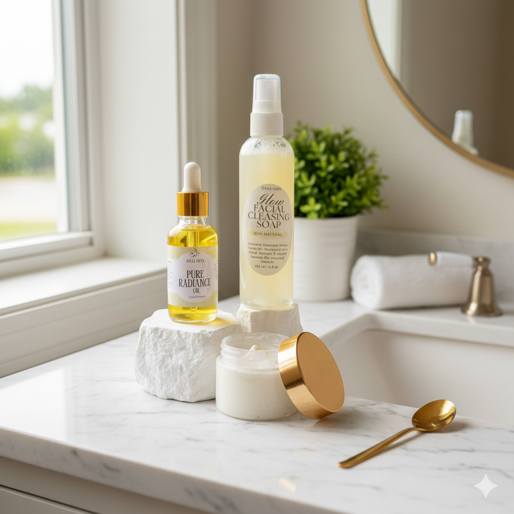 Dos frascos de productos para el cuidado de la piel NaturElle sobre un mostrador de baño con un elemento decorativo — NaturElle Puerto Rico