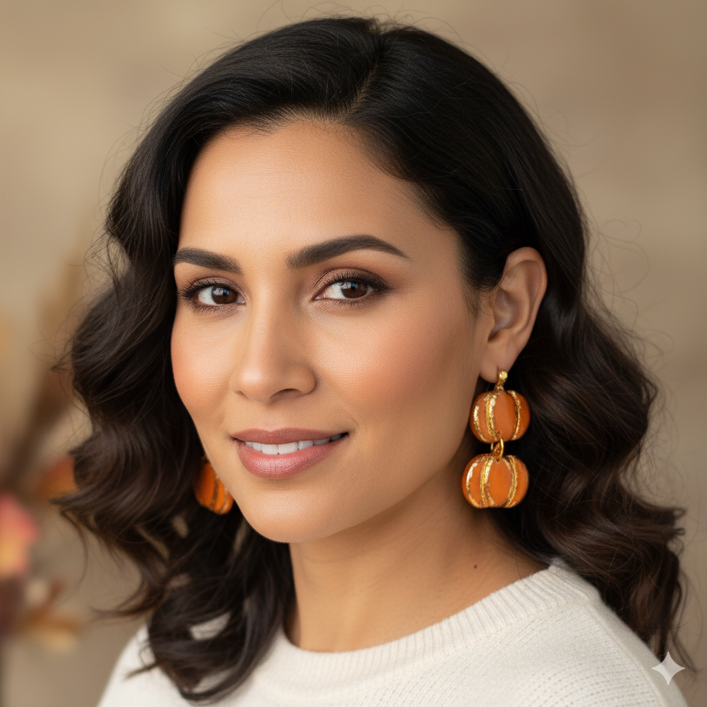 Woman wearing orange earrings with a neutral background