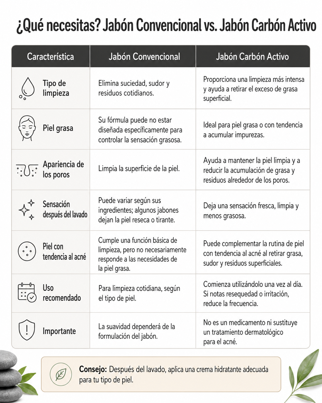 tabla comparativa del uso de jabon convencional vs jabon carbon activo.