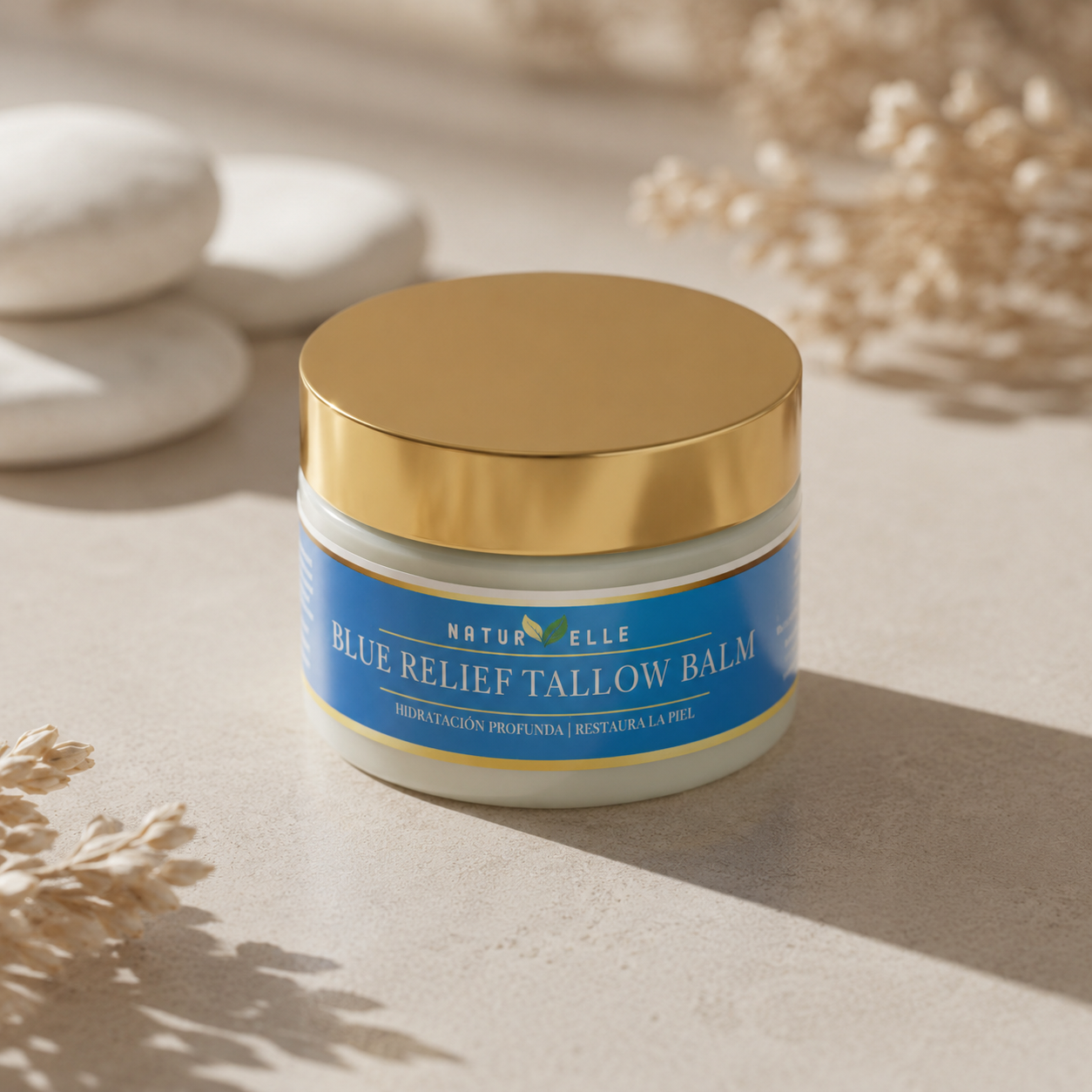 Tarro de bálsamo de sebo Natura Elle Blue Relief con tapa dorada sobre fondo neutro — NaturElle Puerto Rico