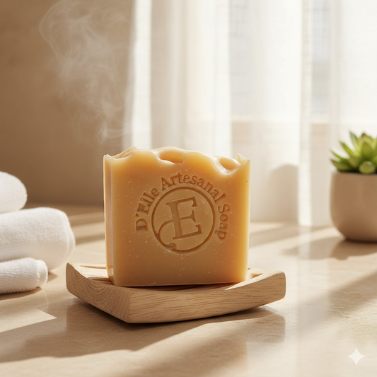 Bar of D'Elle Artésanais Soap on a wooden stand with a blurred background