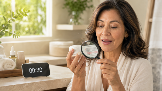 mujer mayor de 40 años aprendiendo cómo leer una etiqueta de skincare en 30 segundo