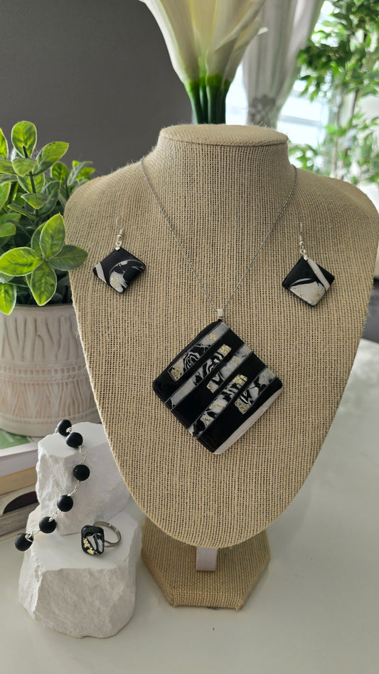Black & White Stripes Polymer Clay Jewelry Set