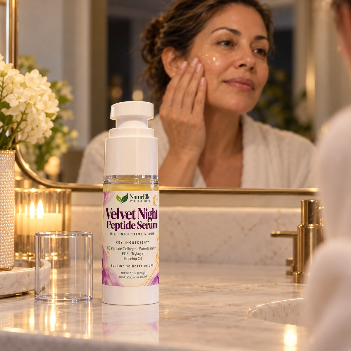 A bottle of Nature's Way Velvet Night Peptide Serum is shown on a marble bathroom counter in front of a mirror where a woman is applying serum to her face.
