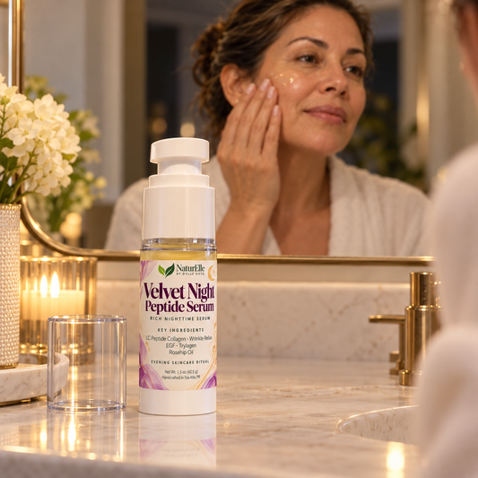 A bottle of Nature's Way Velvet Night Peptide Serum is shown on a marble bathroom counter in front of a mirror where a woman is applying serum to her face.