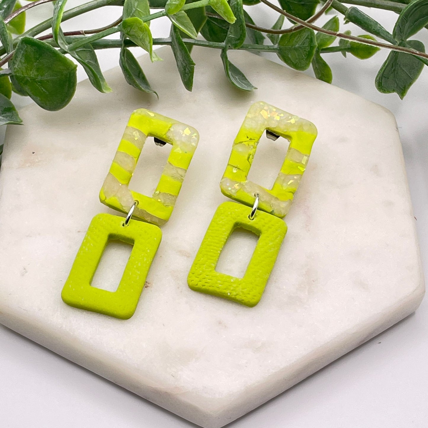 White/Green Polymer Clay Earrings