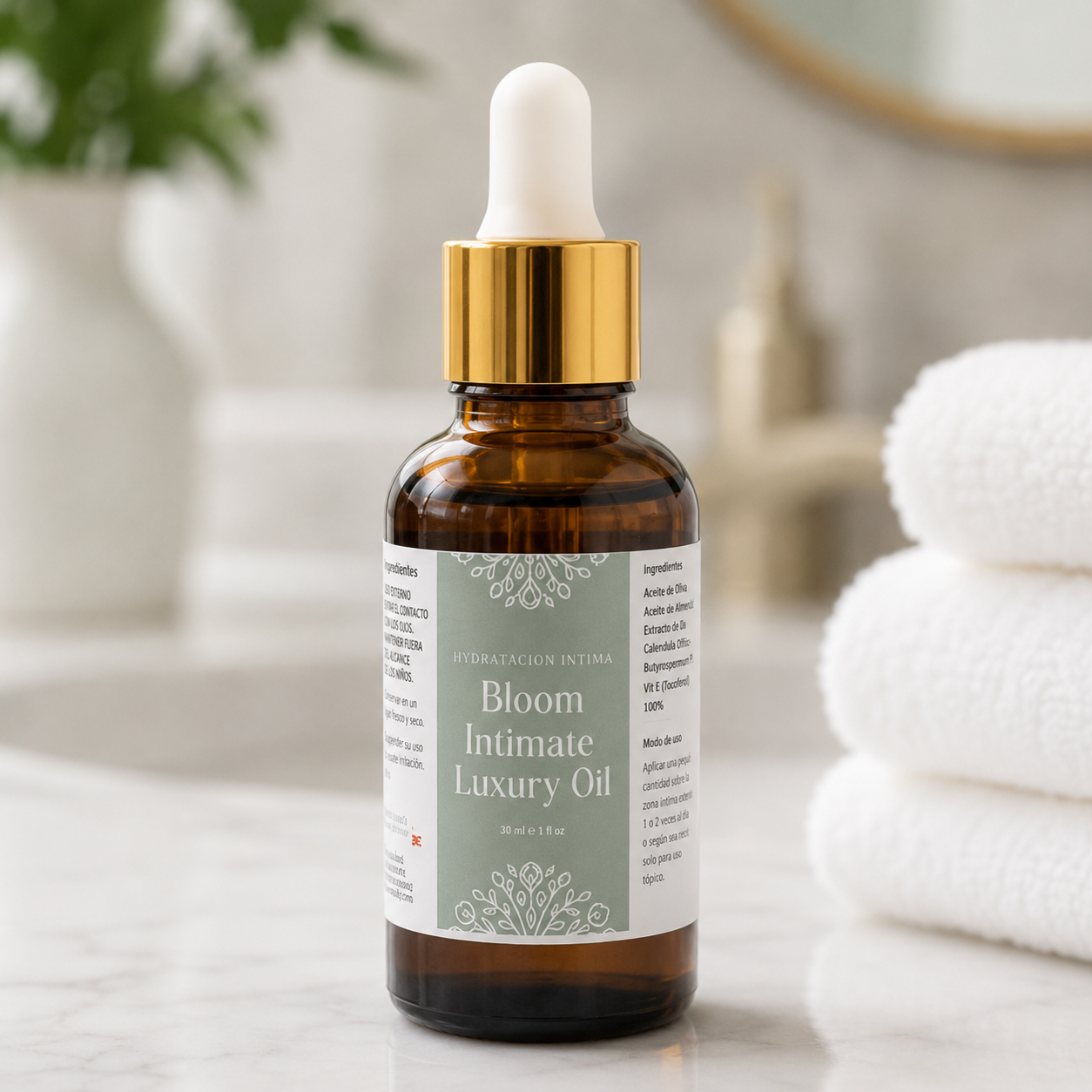 Frasco de aceite íntimo de lujo Bloom cerca sobre el mostrador de un baño con tres toallas y plantas al fondo — NaturElle Puerto Rico