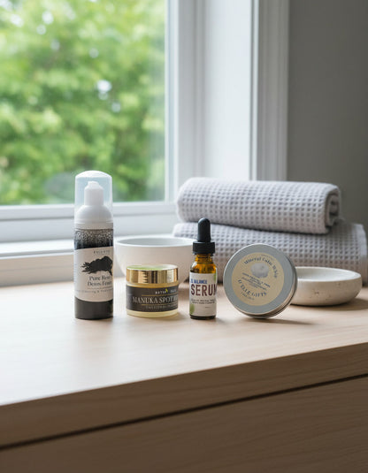 productos del kit de acne donde se muestran cerca de ventana el jabon, serum, crema y whip para la piel normal a sensible.