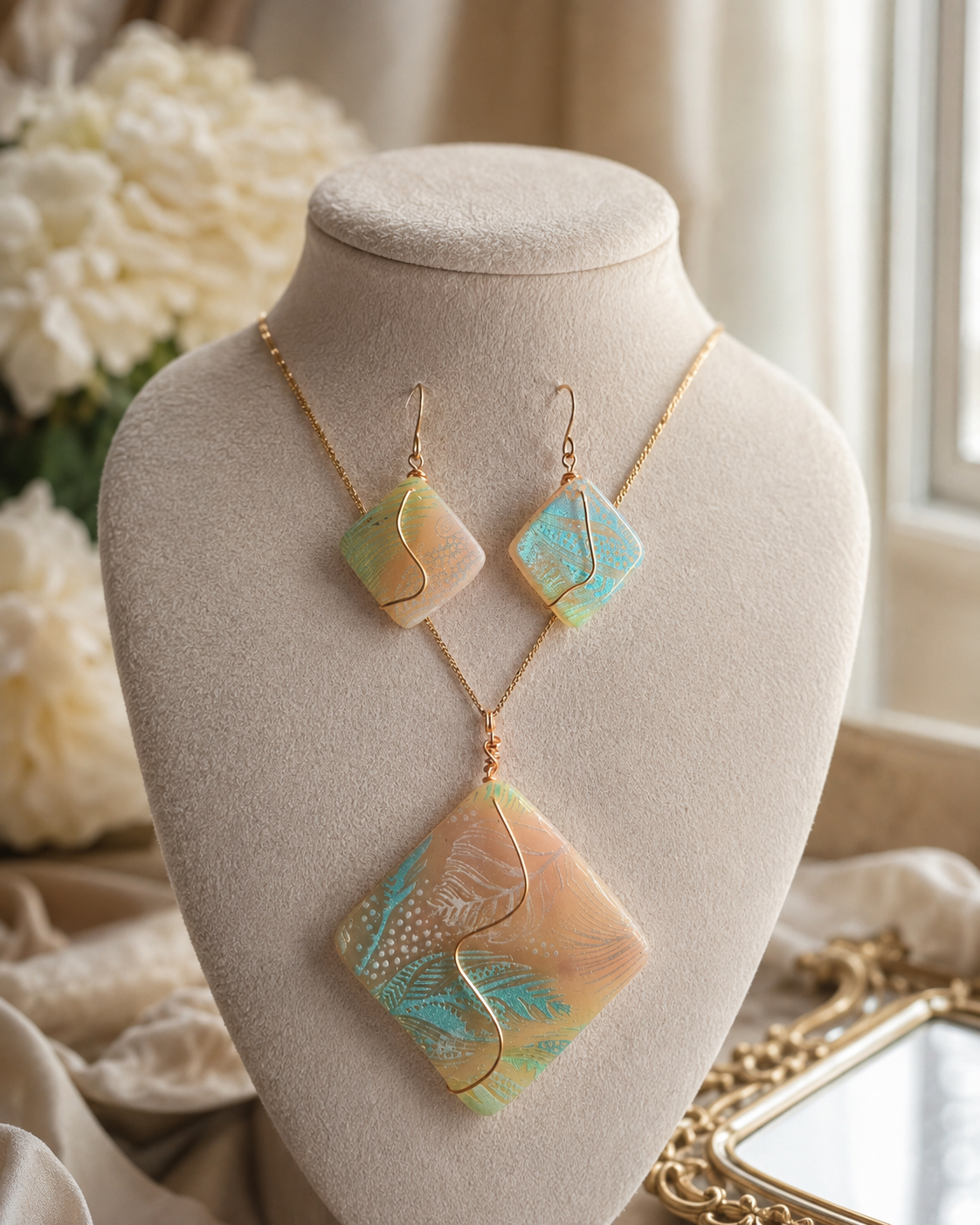 Conjunto de joyas exhibido en un maniquí de tela beige, compuesto por un collar dorado con un gran colgante cuadrado, pendientes colgantes a juego y piedras abstractas jaspeadas en tonos melocotón, verde azulado y crema - D'Elle Gifts