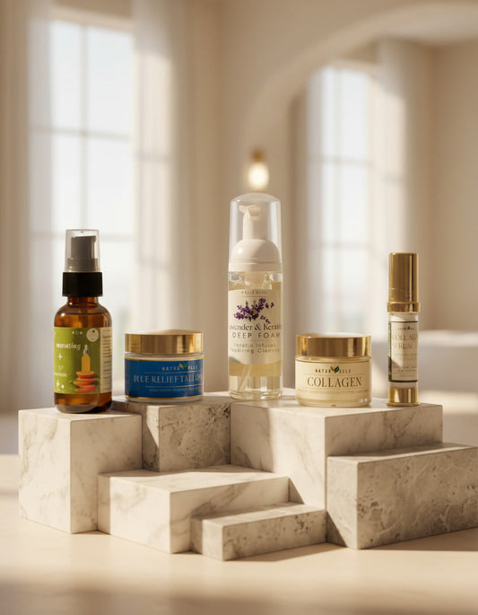 Set of skincare products on a marble surface with soft lighting