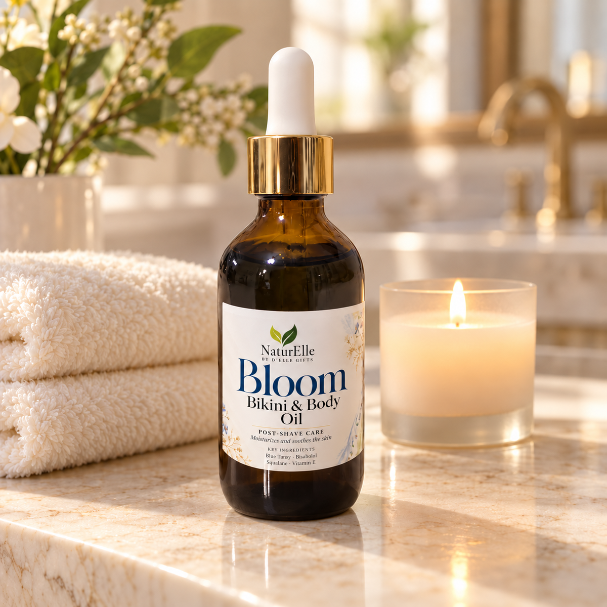 A bottle of Naturelle Bloom Bikini & Body Oil stands on a marble bathroom counter beside folded white towels and a lit candle, with a softly blurred sink and flowers in the background.