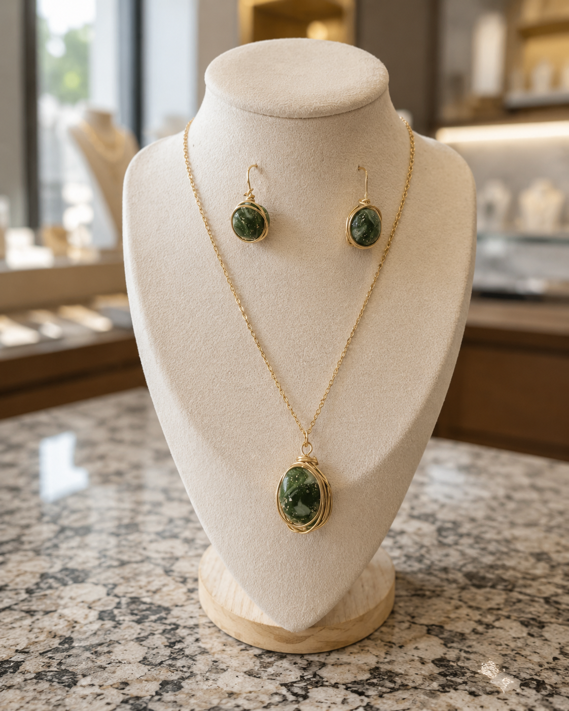 Conjunto de joyas de oro con collar con colgante y pendientes a juego, con cabujones de piedras jaspeadas verdes, presentados sobre un busto de joyería color crema - D'Elle Gifts
