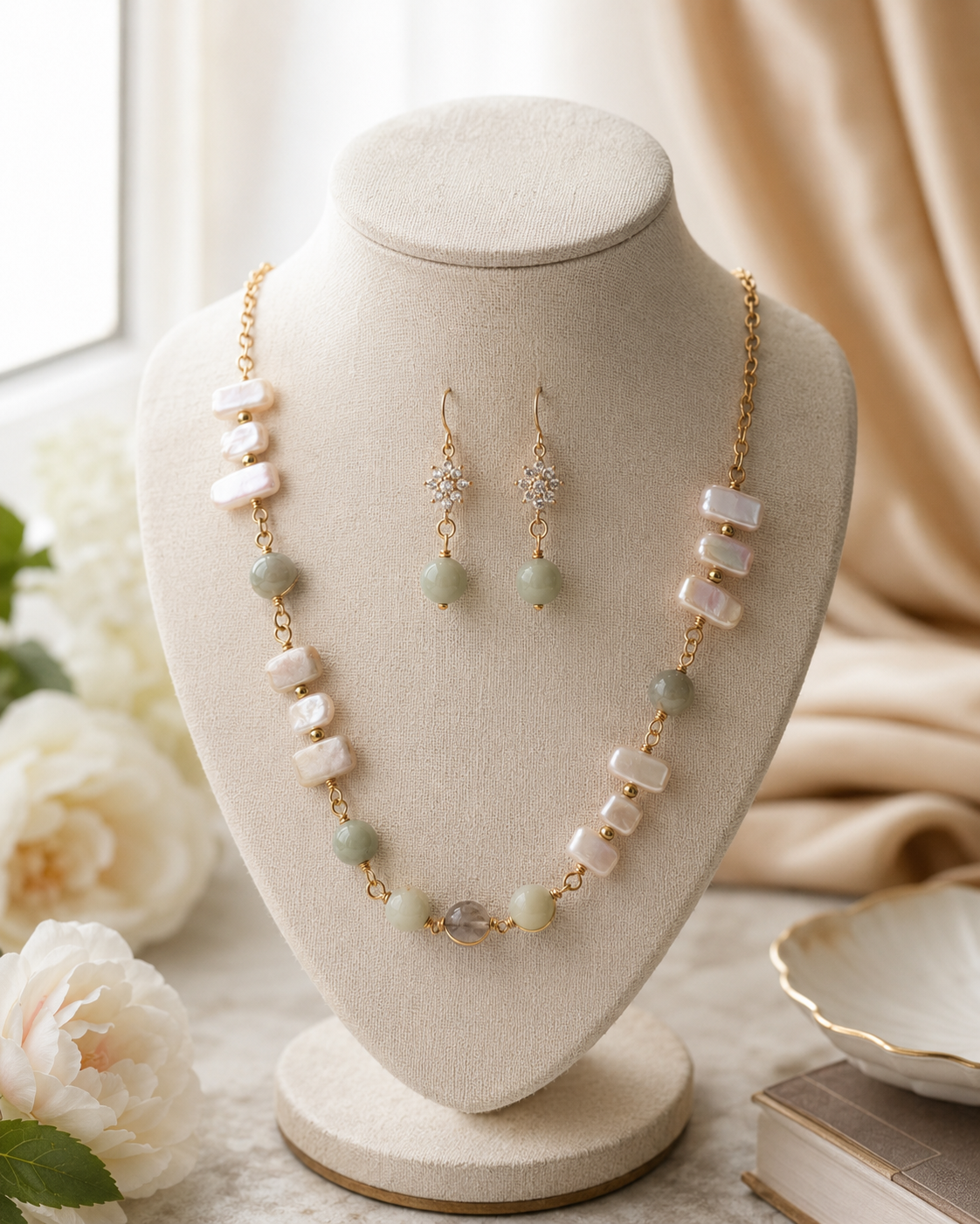 Conjunto de joyas en tono dorado, presentado sobre un busto color crema, compuesto por un collar y pendientes colgantes a juego. El collar y los pendientes están decorados con cuentas de concha blancas de estilo barroco, cuentas redondas verde claro y detalles de cristal transparente - D'Elle Gifts