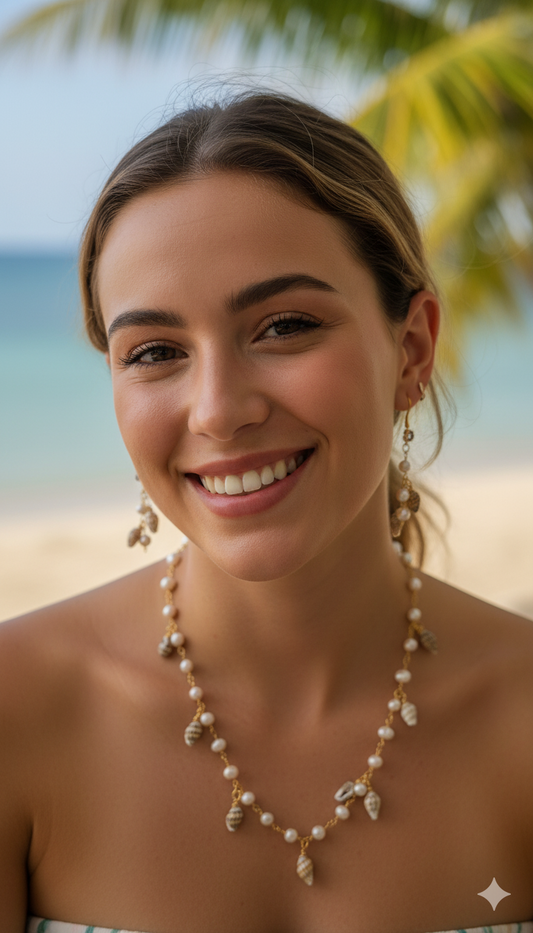 Set de joyeria artesanal en polímero hecha de caracoles y pequeñas perlas. Ideal para el verano.