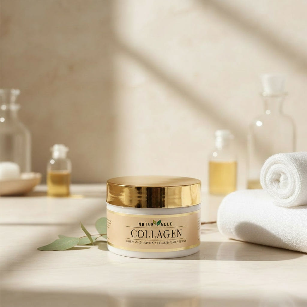Cosmetic jar labeled 'NaturElle Collagen' on a bathroom counter with towels and bottles in the background.