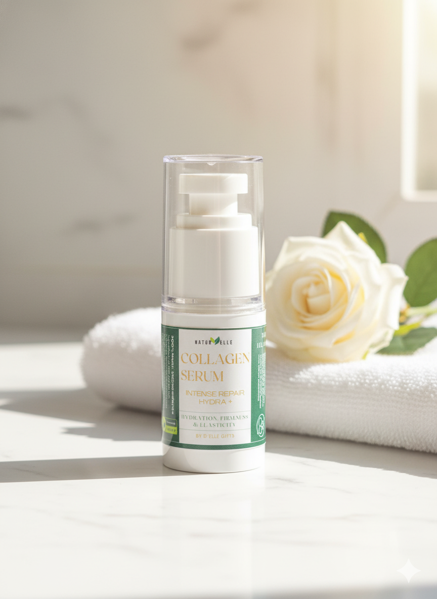 Collagen serum bottle with a white rose on a light background