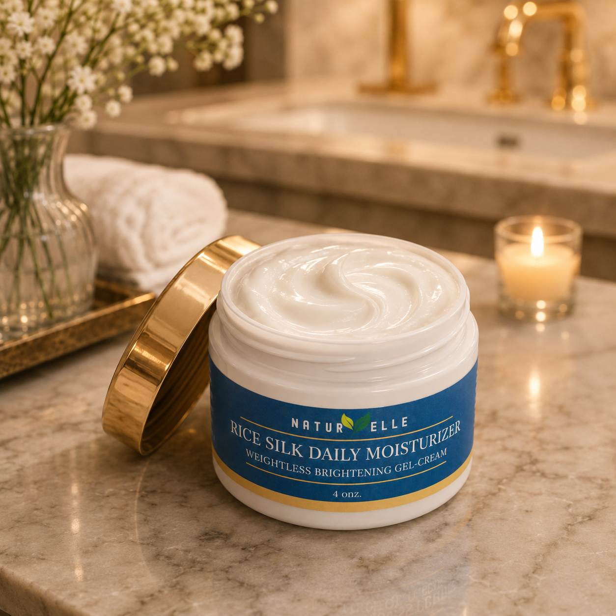 Tarro de crema hidratante diaria de seda de arroz sobre el mostrador del baño con una vela y flores al fondo — NaturElle Puerto Rico