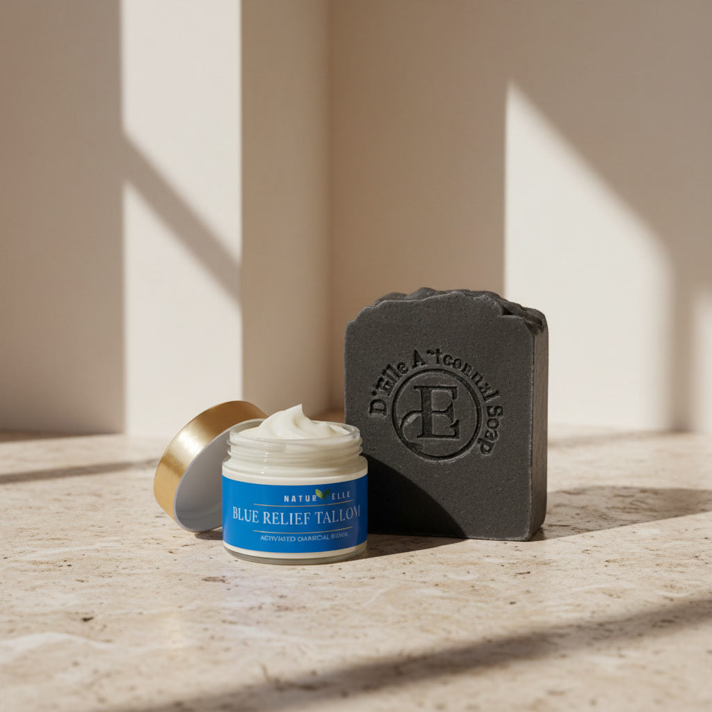 Tarro de crema y barra de sebo con tanaceto azul y miel de manuka sobre una superficie de madera con fondo neutro — NaturElle Puerto Rico