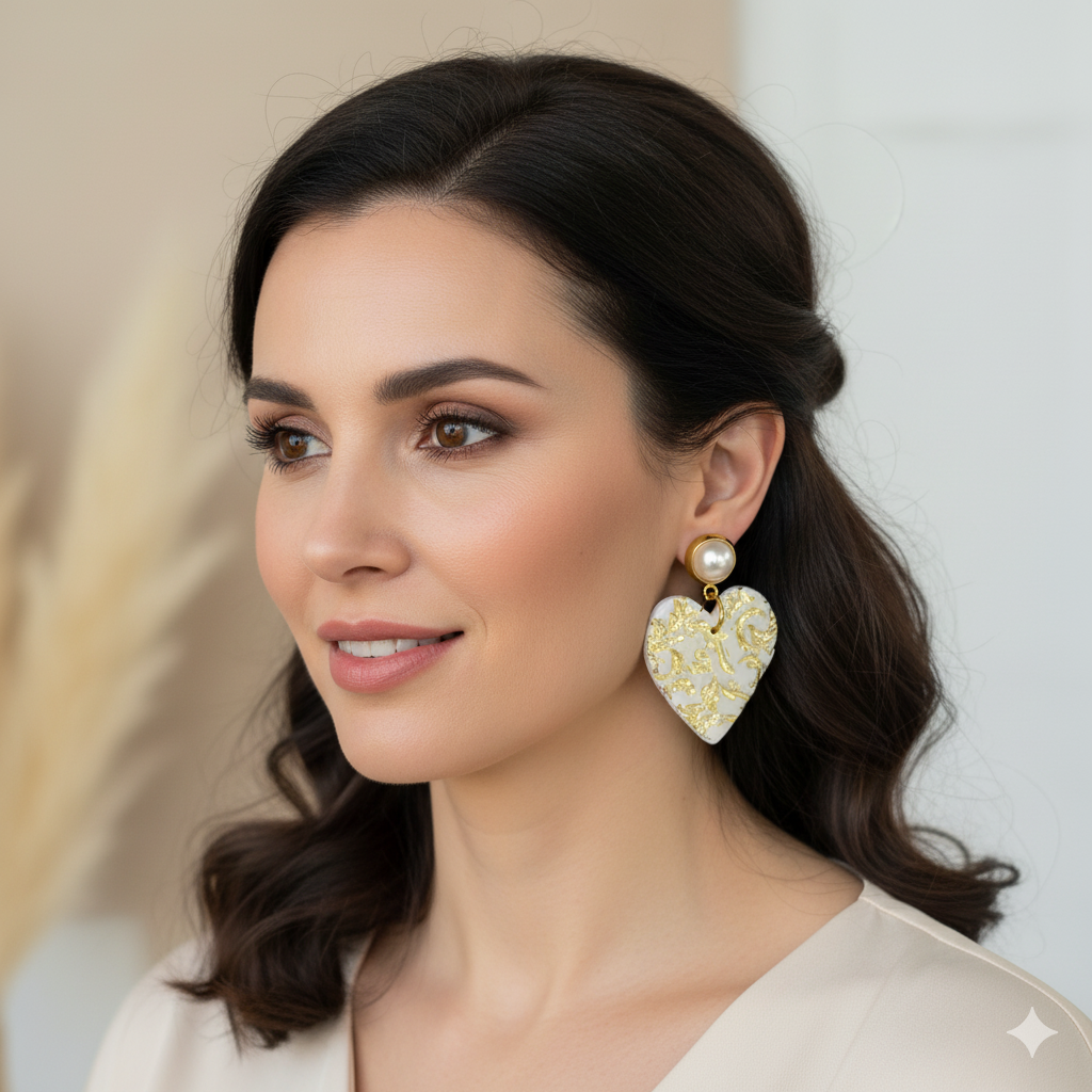 Hermoso corazon blanco con lineas doradas que exaltan la belleza de cualquier mujer, elegantes y casuales.