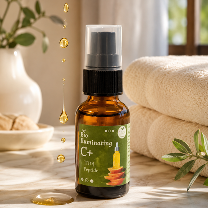 Bio Illuminating C+ Peptide Spray in an amber glass bottle with a black spray pump and green label, set on a marble surface with decorative towels, olive branches, and a dripping gold oil effect.