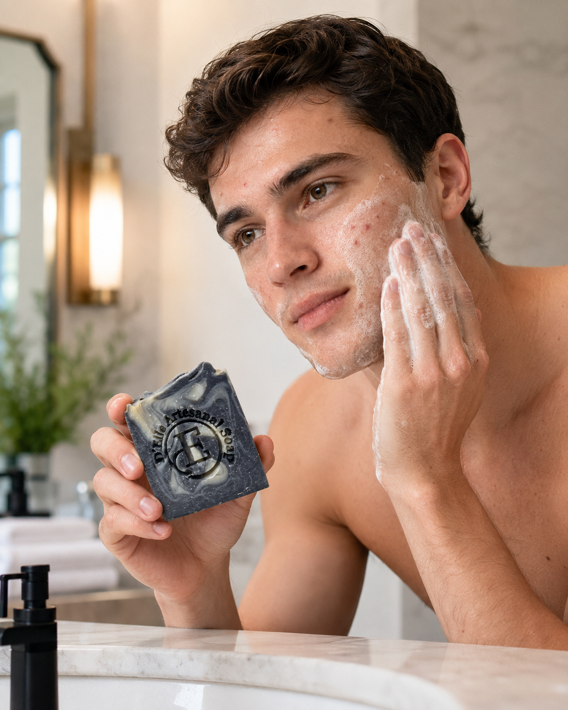 Este jabón detox natural limpia profundamente, desobstruye los poros y ayuda a prevenir brotes.