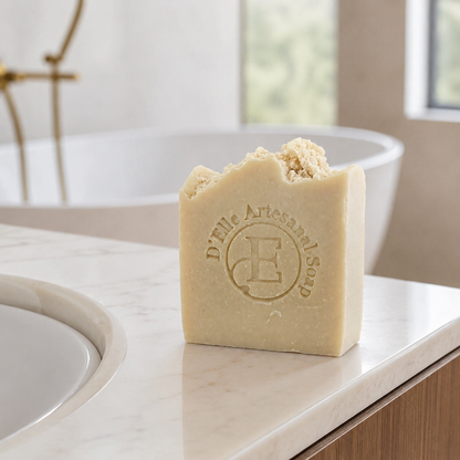 Una barra rectangular de jabón artesanal D'Elle con una superficie rústica y desgastada reposa sobre una encimera de mármol blanco en un baño, con una bañera blanca y un grifo dorado al fondo — NaturElle Puerto Rico