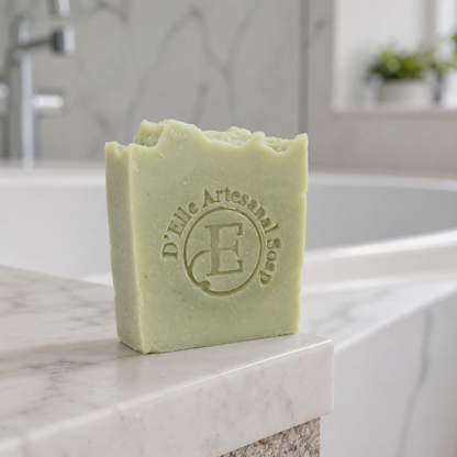 Una barra rectangular de jabón artesanal verde pálido sobre una encimera de mármol blanco en el baño, con una bañera borrosa y una pared de azulejos al fondo. El jabón lleva grabado el nombre de la marca 'D'Elle Artesanal Soap' — NaturElle Puerto Rico