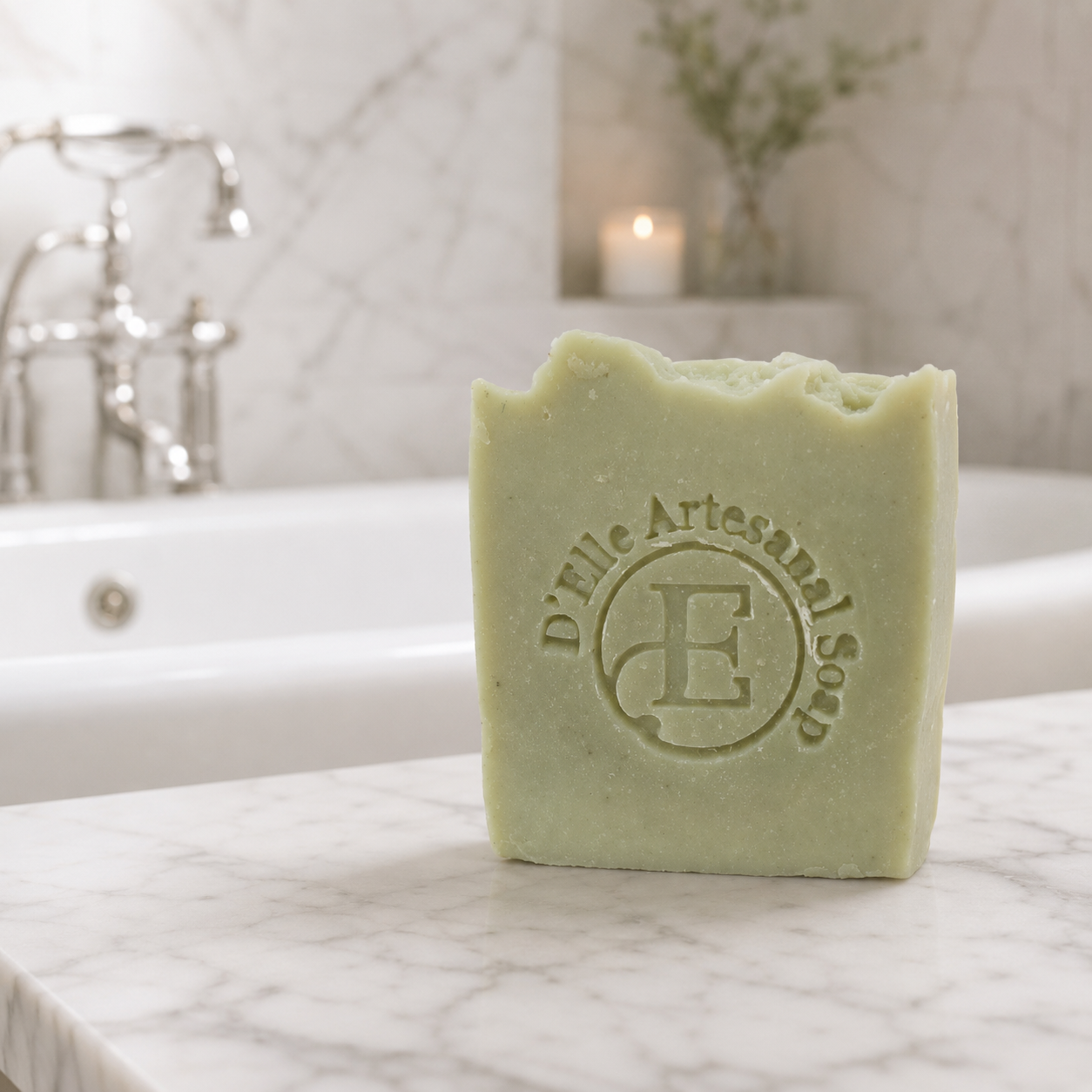 Una barra rectangular de jabón verde pálido sobre una superficie de mármol blanco, con una escena de baño suavemente difuminada al fondo. El jabón lleva grabado el nombre de la marca «D'Elle Artesanal Soap» y un monograma — NaturElle Puerto Rico