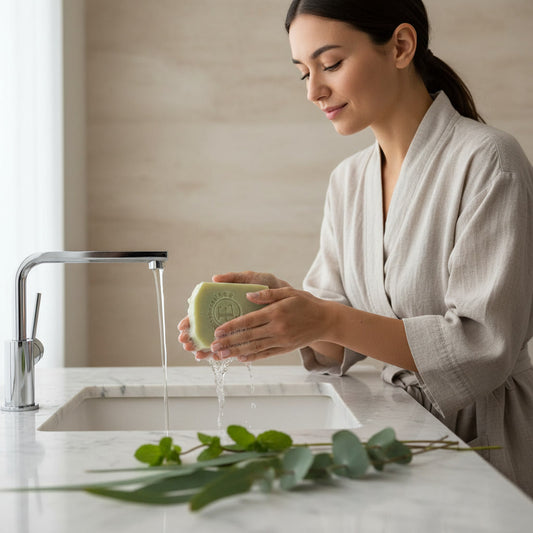 Mujer en bata lavando una pastilla de jabón bajo el grifo en un baño — NaturElle Puerto Rico