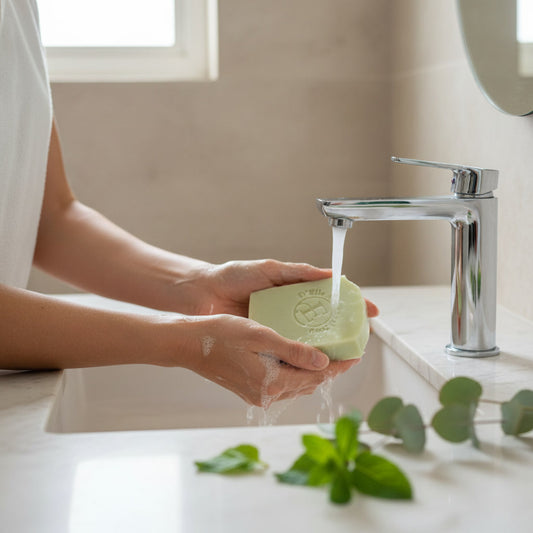 Persona lavando una pastilla de jabón bajo el grifo en un baño — NaturElle Puerto Rico