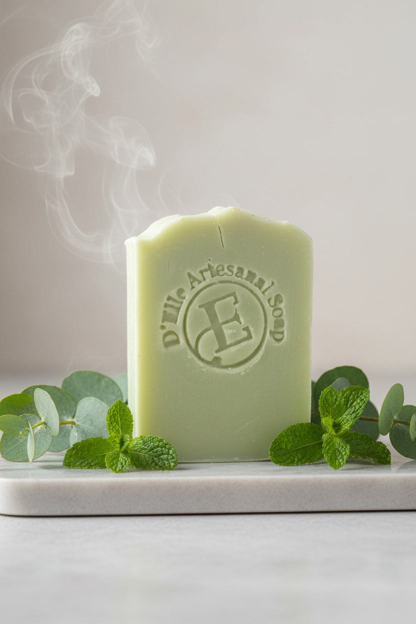 Pastilla de jabón verde con vapor ascendente, rodeada de hojas verdes sobre una superficie blanca — NaturElle Puerto Rico