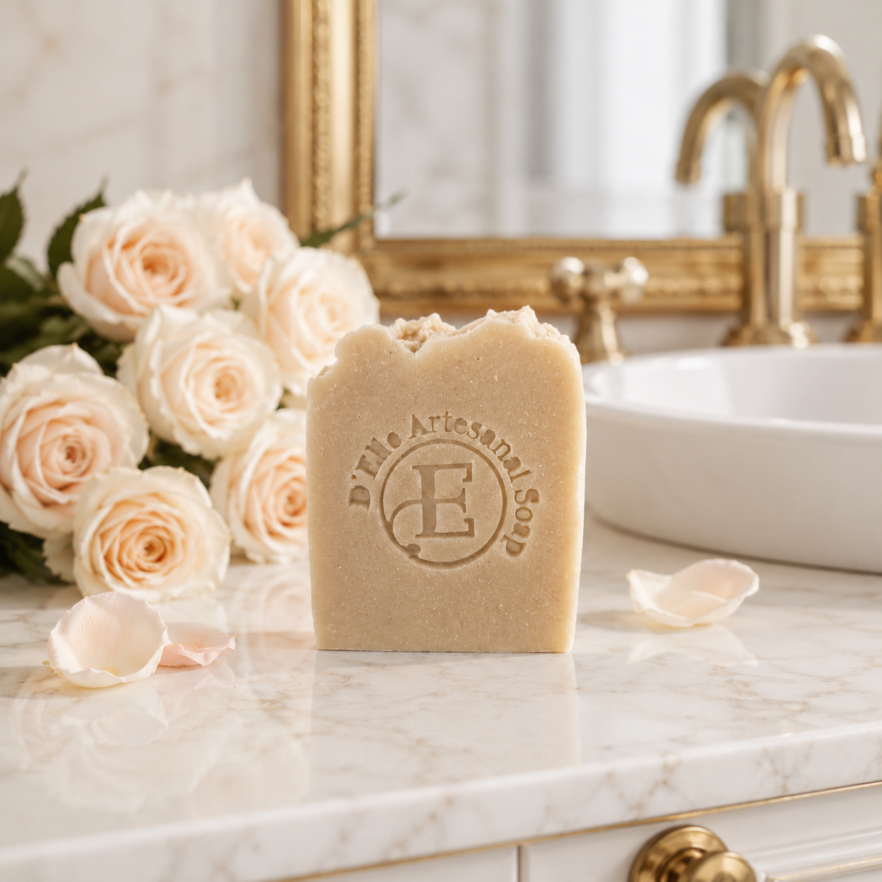 Una barra rectangular de jabón artesanal D'Elle encima de mármol en el baño, acompañada de rosas color melocotón pálido con un lavado suavemente desenfocado al fondo — NaturElle Puerto Rico