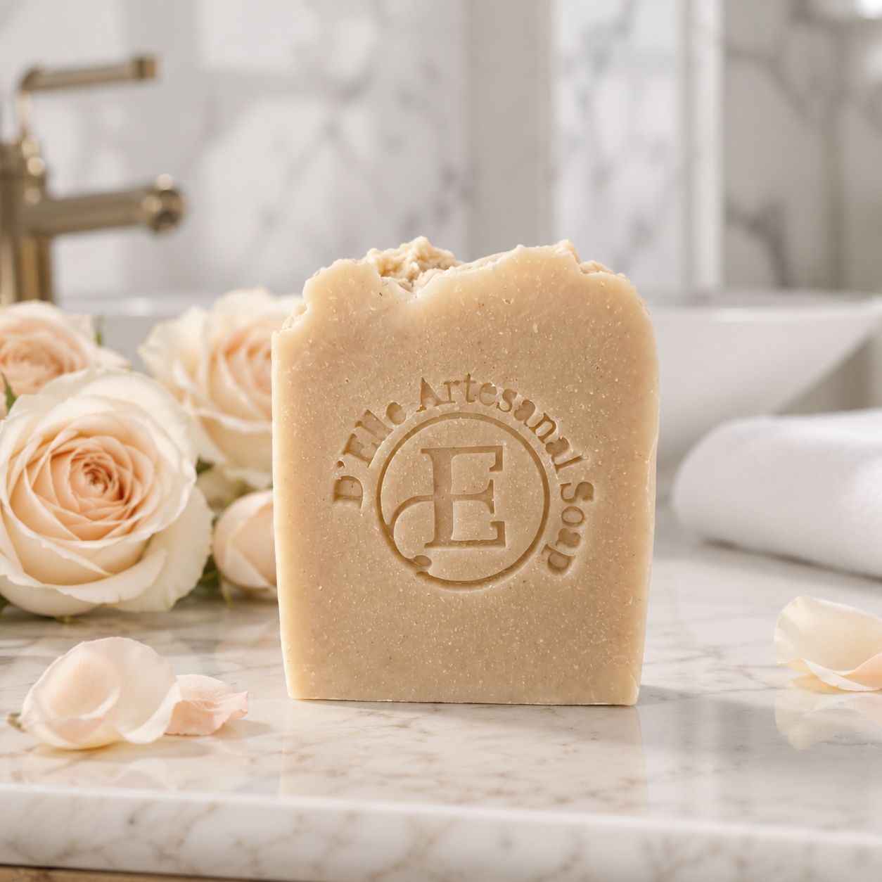 Una barra rectangular de jabón artesanal D'Elle, con el logotipo de la marca en relieve, exhibida sobre una encimera de mármol blanco y con rosas blancas de fondo — NaturElle Puerto Rico