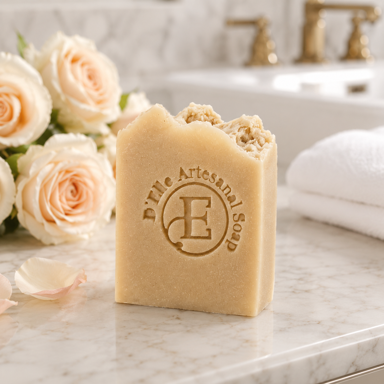 Una barra rectangular de jabón artesanal D'Elle sobre una encimera de mármol en el baño, acompañada de rosas color melocotón pálido y una toalla blanca doblada, con un lavado suavemente desenfocado al fondo — NaturElle Puerto Rico