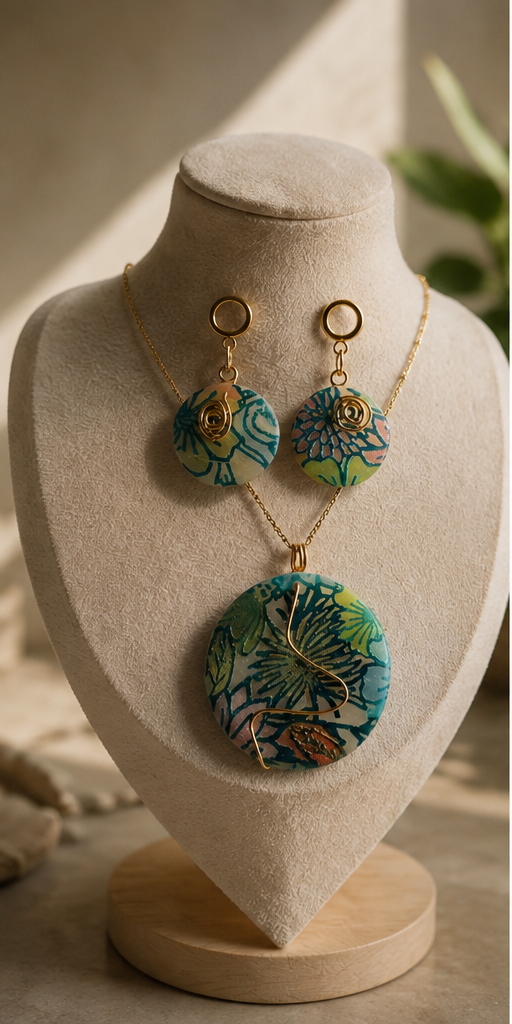 Conjunto de joyas exhibido en un maniquí de tela beige, compuesto por un collar dorado con un gran colgante redondo y pendientes colgantes a juego. El colgante y los pendientes presentan un colorido estampado floral abstracto en tonos verde azulado, verde, azul y dorado - D'Elle Gifts