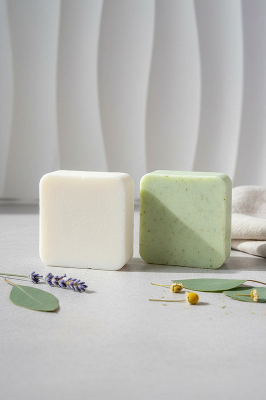 Dos pastillas de jabón cuadradas, una blanca y otra verde, sobre una superficie clara con elementos decorativos — NaturElle Puerto Rico
