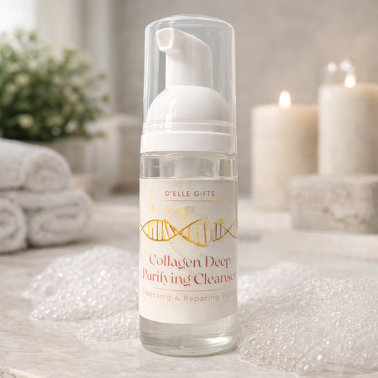 Frasco de cuidado de la piel con la etiqueta "Collagen Deep Purifying Cleanser" sobre una superficie texturizada con velas y toallas al fondo — NaturElle Puerto Rico