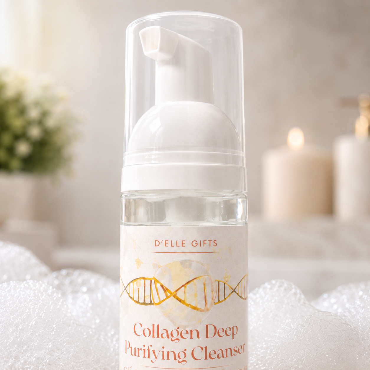 Botella de limpiador facial purificante profundo con colágeno y elementos decorativos sobre un fondo suave — NaturElle Puerto Rico