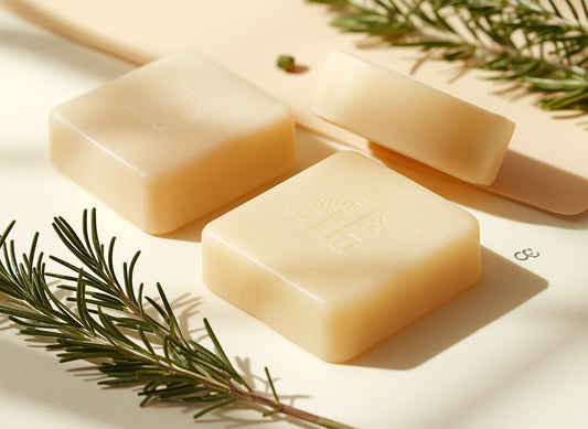 Three square bars of soap with rosemary leaves on a light background