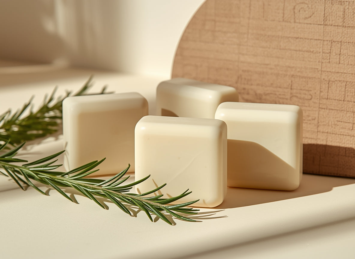 Three square beige soaps on a light surface with a sprig of rosemary.