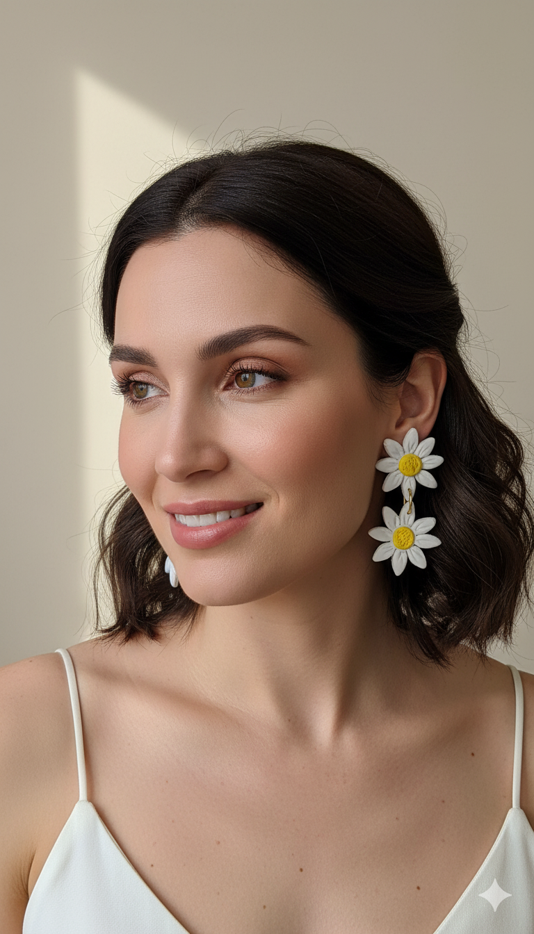 Hermosas flores de margarita doble, para resaltar la belleza de la mujer, ligeras, únicas y exclusivas. Uso casual.