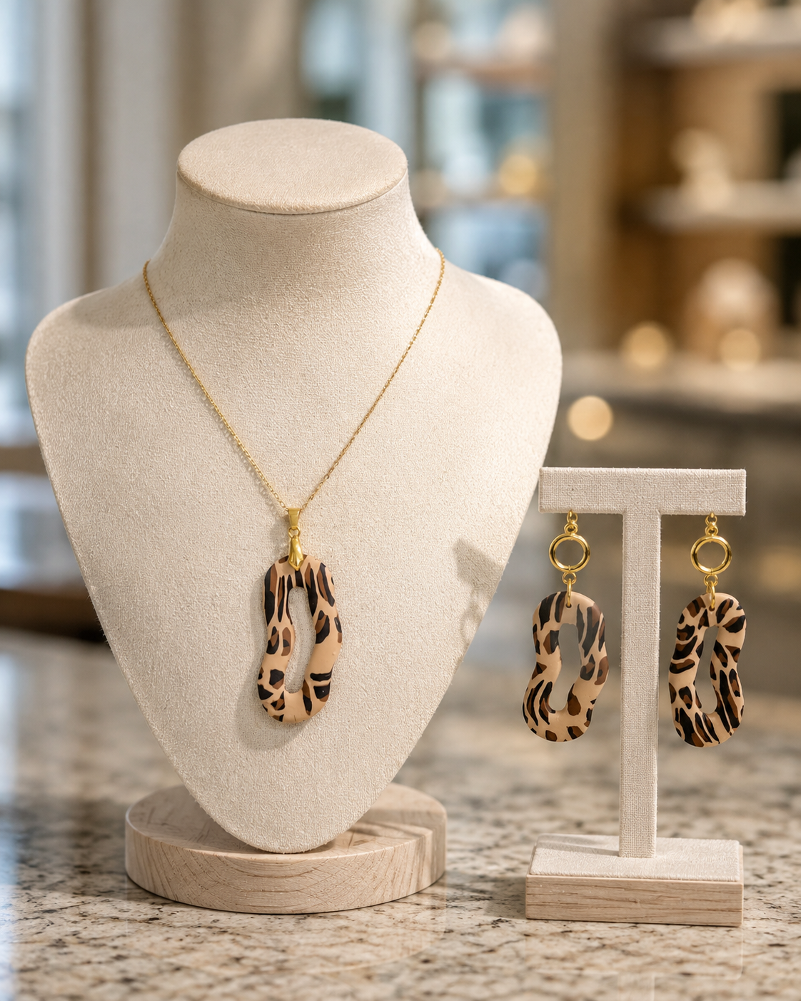 Conjunto de joyas compuesto por un collar de cadena de oro y pendientes colgantes a juego con colgantes de estampado de leopardo, presentados sobre un busto de joyería color crema y un soporte en forma de T de madera sobre una encimera de granito - D'Elle Gifts