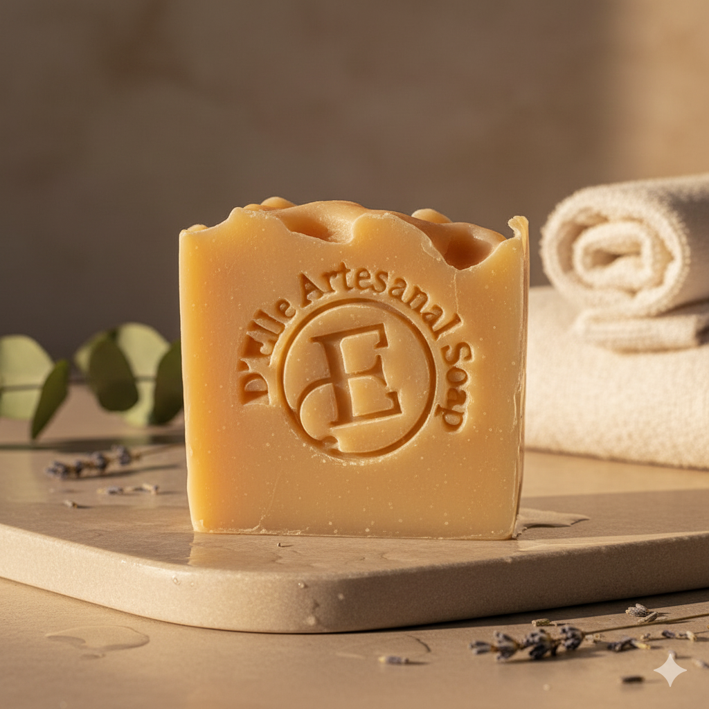 Bar of artisanal soap with a brand logo on a wooden surface with towels and lavender in the background.