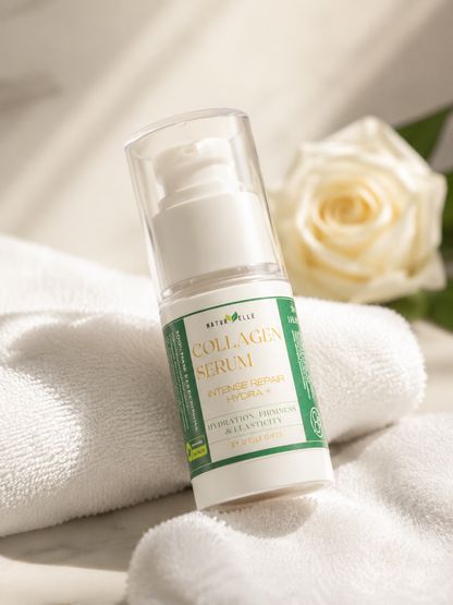 Frasco de sérum de colágeno sobre una toalla blanca con una rosa blanca de fondo — NaturElle Puerto Rico