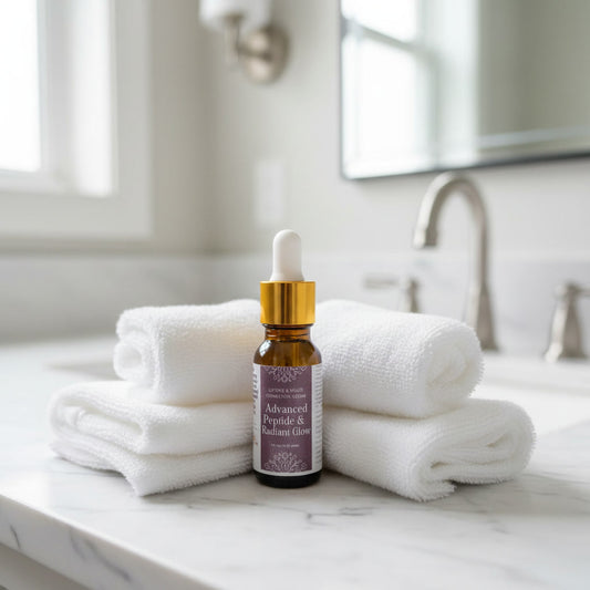 Bottle of skincare serum with dropper on a marble surface with towels