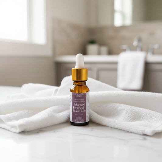Bottle of skincare serum on a marble surface with a bathroom in the background