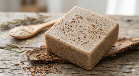 Bar of brown soap on a wooden surface with herbs and a wooden spoon in the background